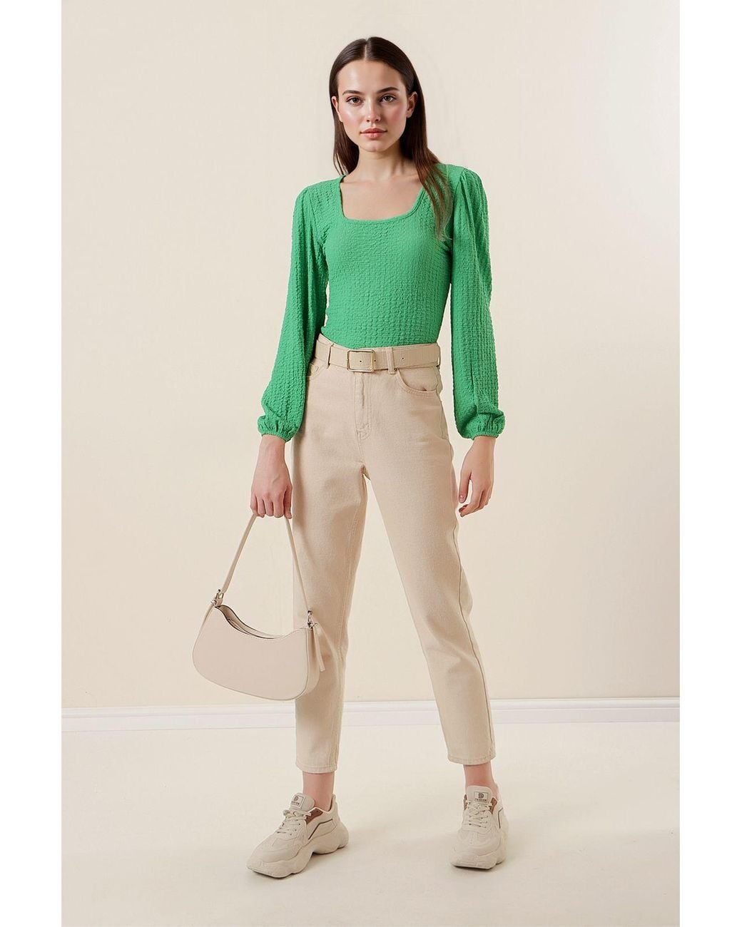 Bigdart Green Textured Square Collar Long Sleeve Blouse