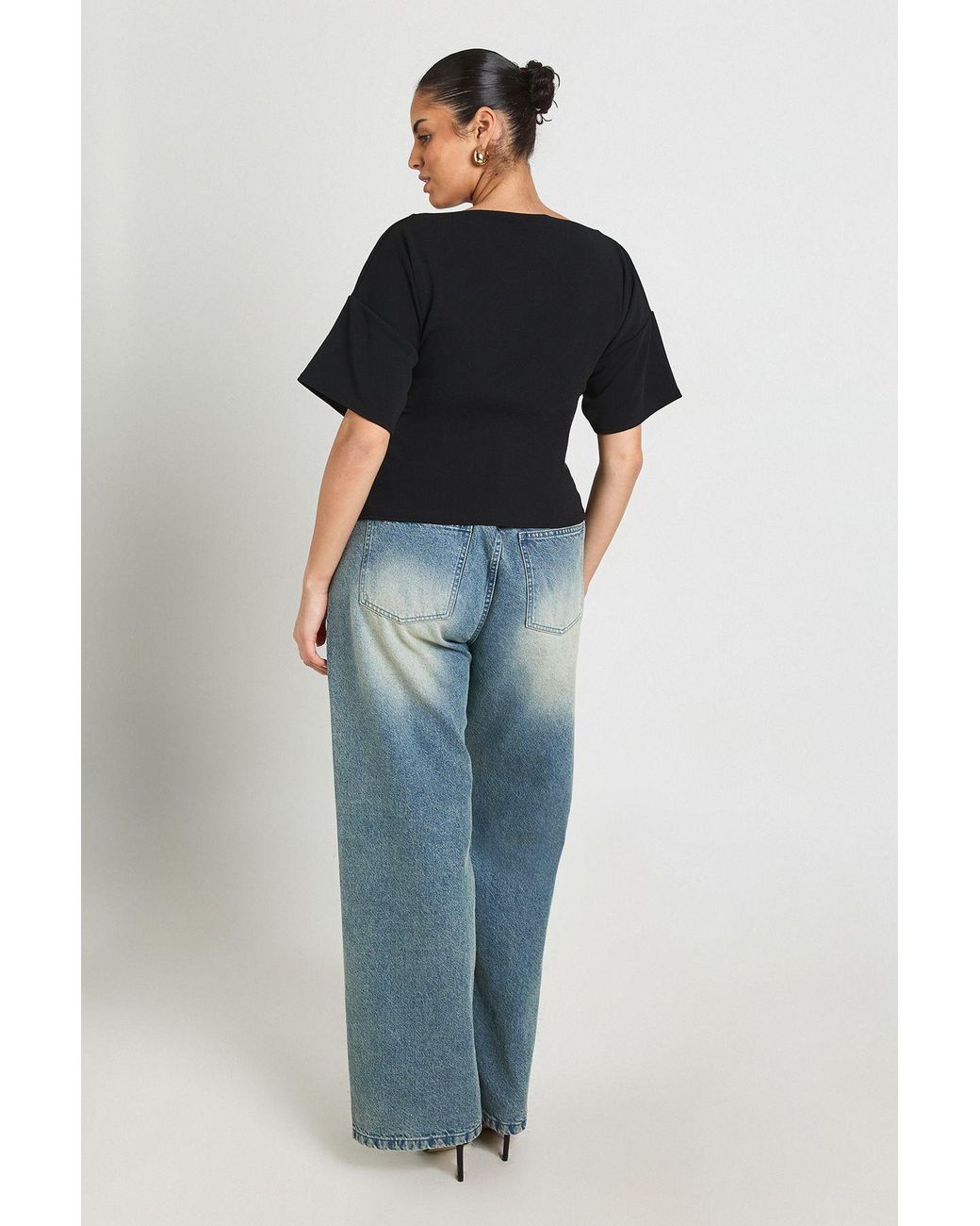 Boohoo Blue Plus Crepe Grown On Neck Trim Belt Detail Short Sleeve Top