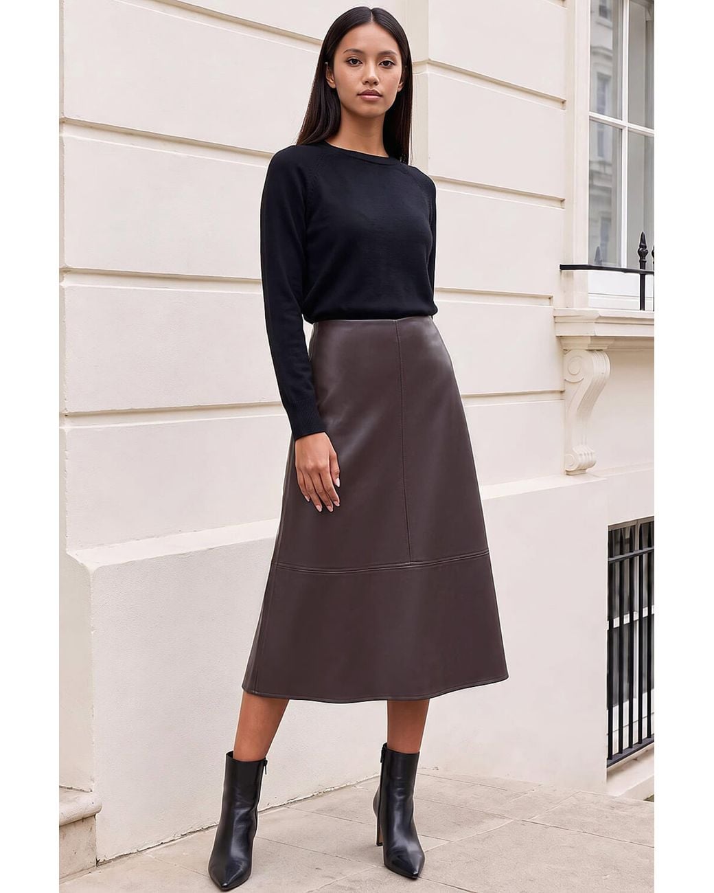 Roman Brown Petite A-Line Faux Leather Skirt