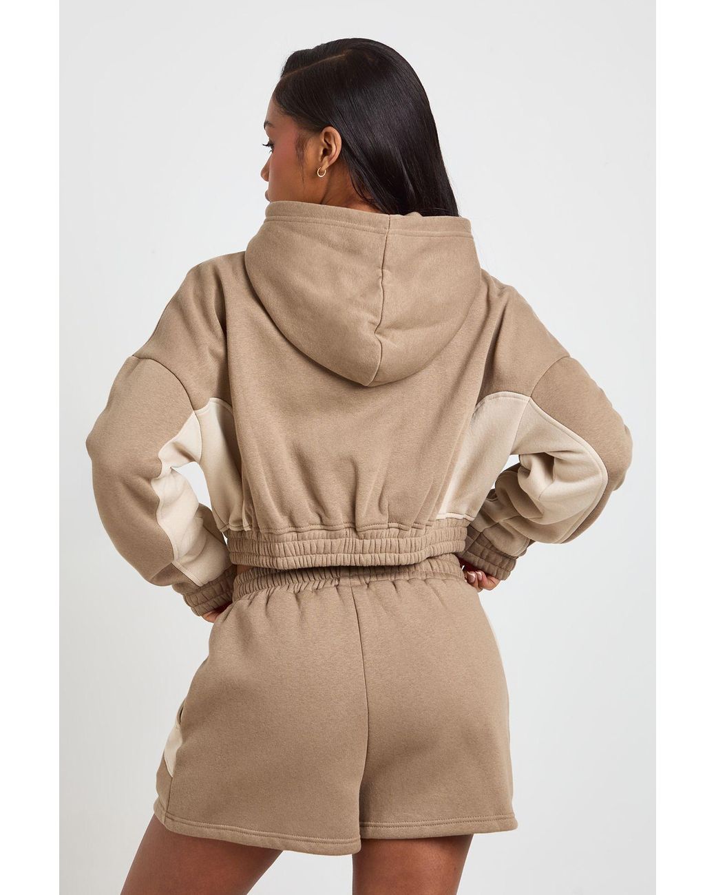 Boohoo Natural Contrast Panel Zip Through Hooded Short Tracksuit