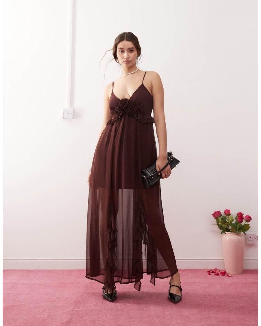 Miss Selfridge Pink Chiffon Corsage Detail Cami Maxi Dress