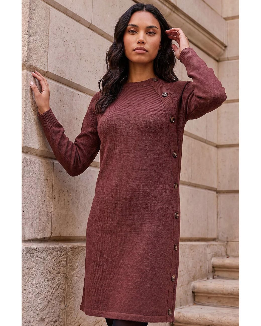 Roman Brown Side Button Knit Shift Dress