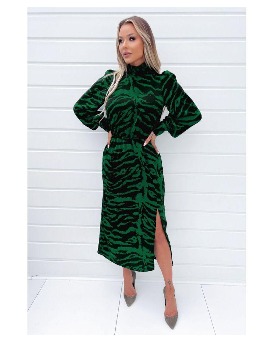 AX Paris Green Animal Print High Neck Long Sleeve Midi Dress