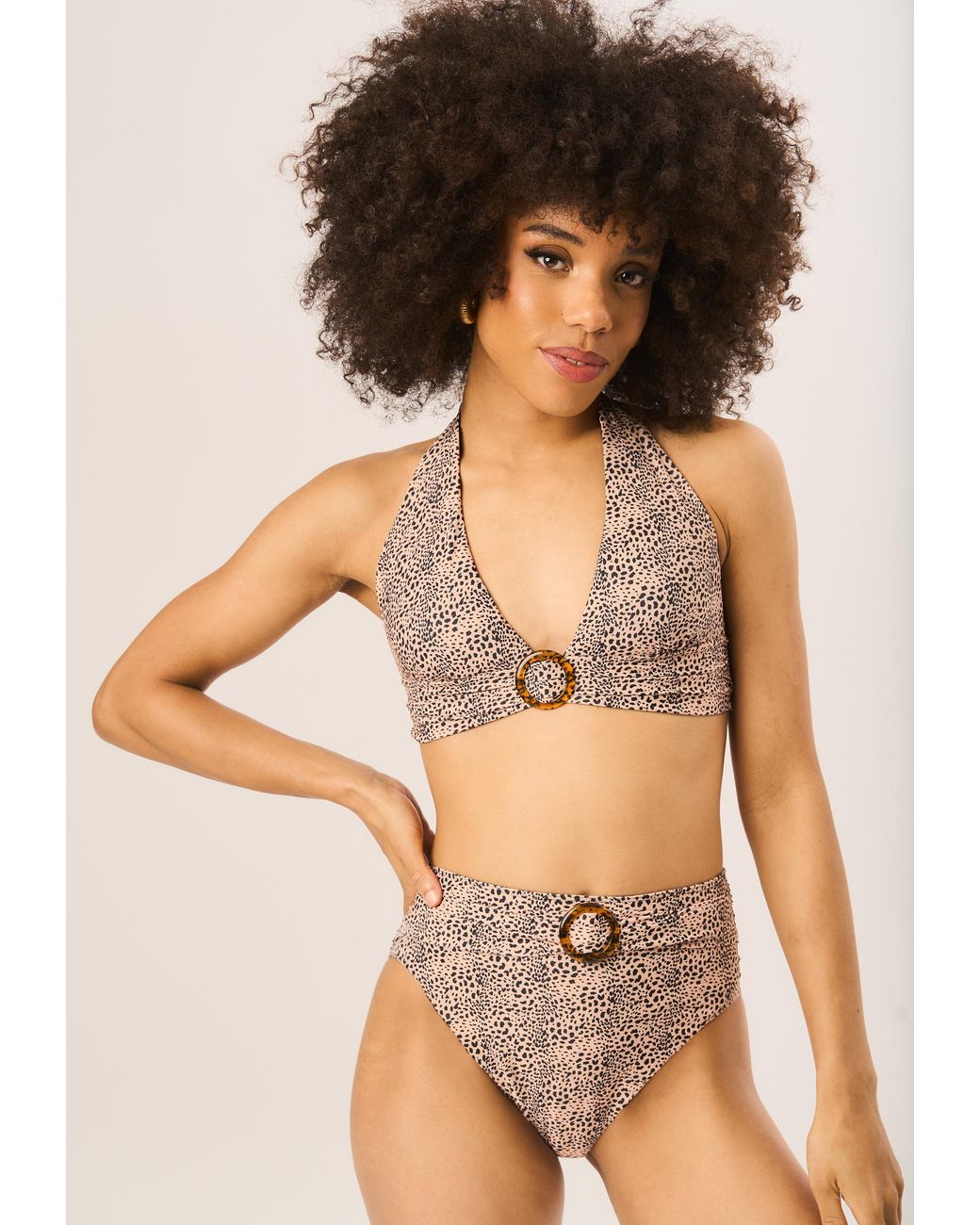 Gini London Brown Animal Halter Bikini Top With Ring Detail