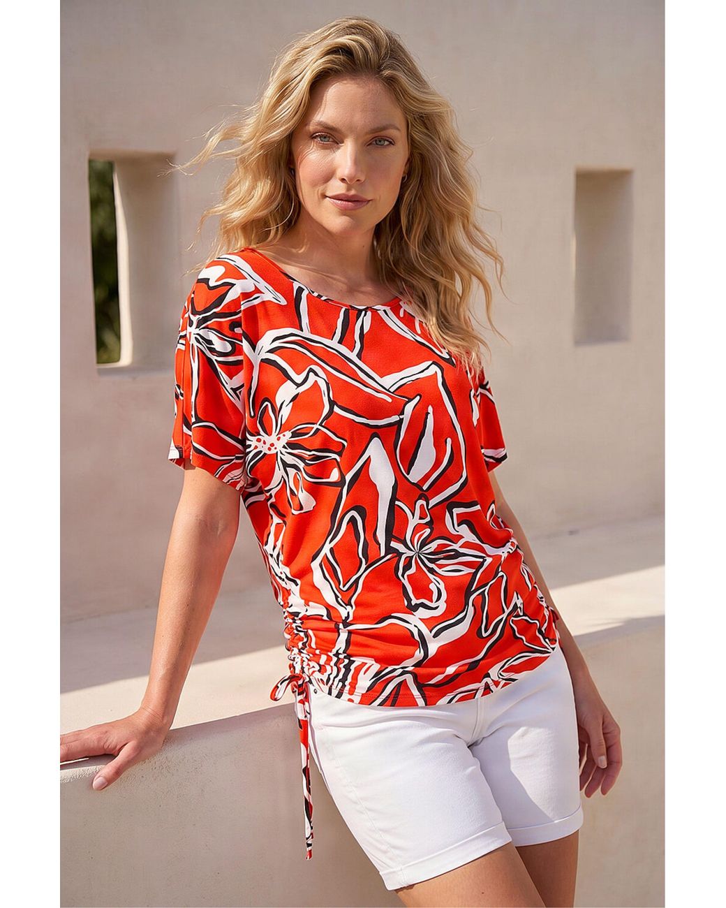 Roman Red Printed Ruched Top