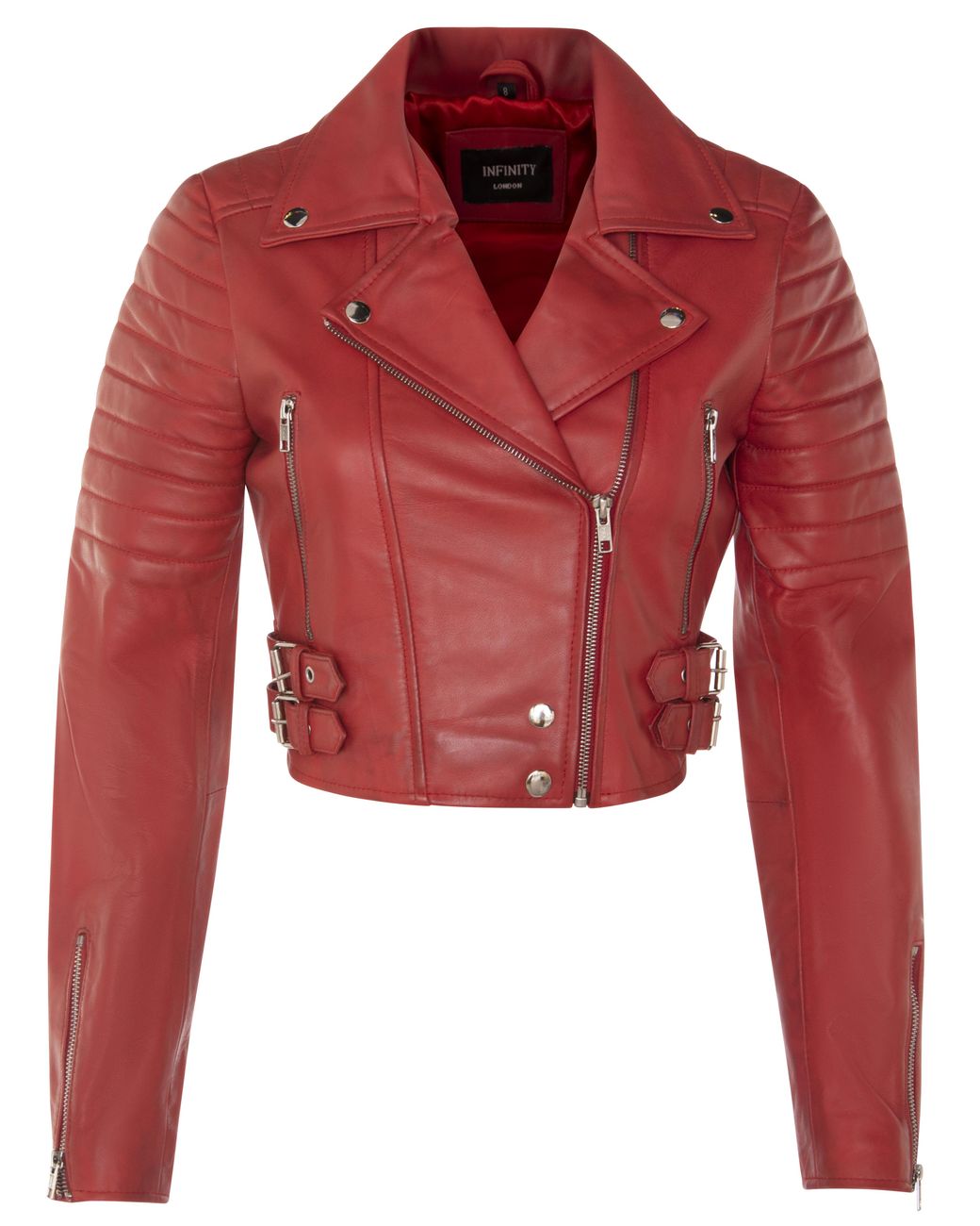 Infinity Leather Red Cropped Brando Biker Jacket-Damascus