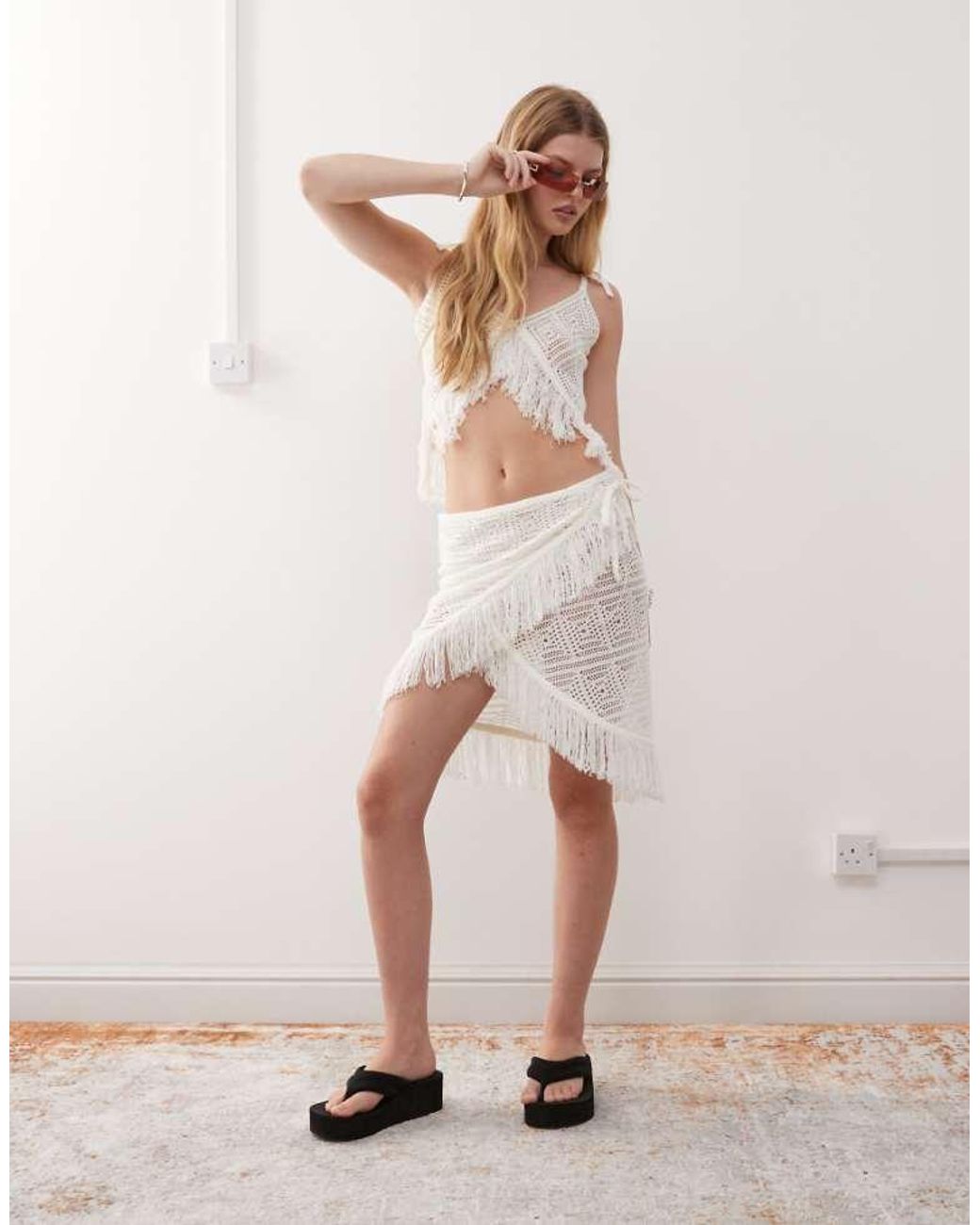 Collusion Natural Crochet Tassel Wrap Skirt