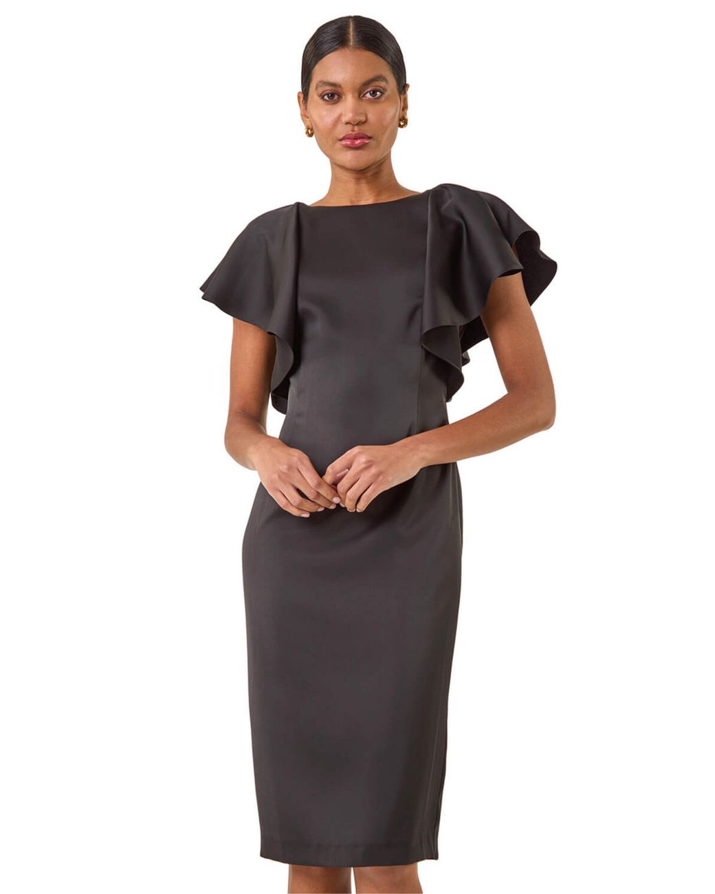 Roman Black Satin Ruffle Sleeve Dress