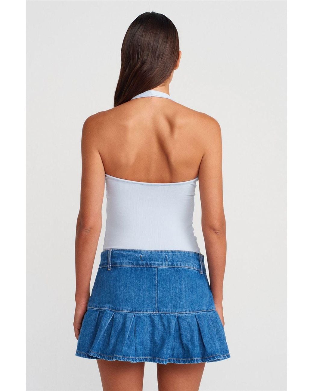 Dilvin White Ribbed Halterneck Sleeveless Blouse
