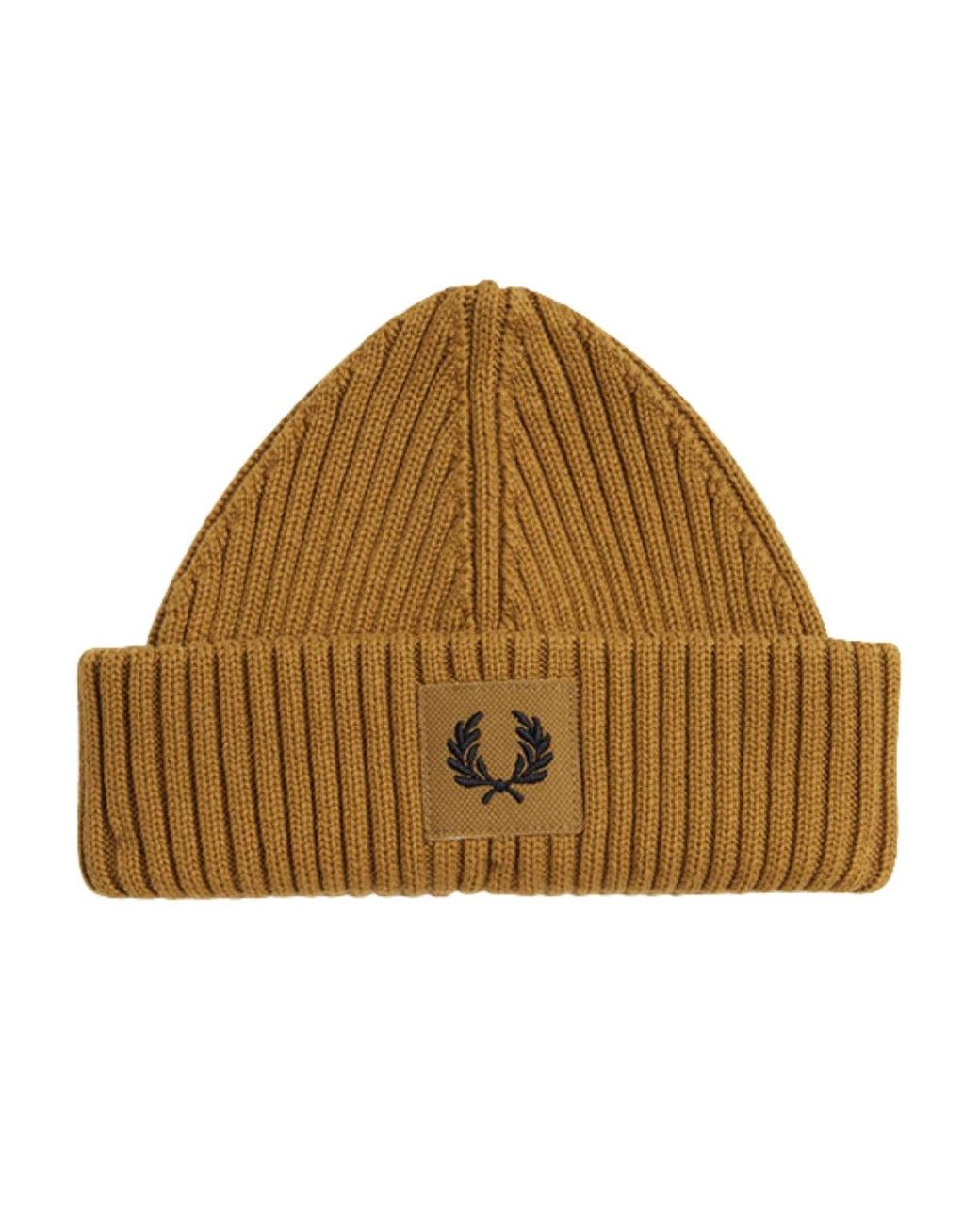 Fred Perry Brown Branded Patch Dark Caramel Ribbed Beanie for men