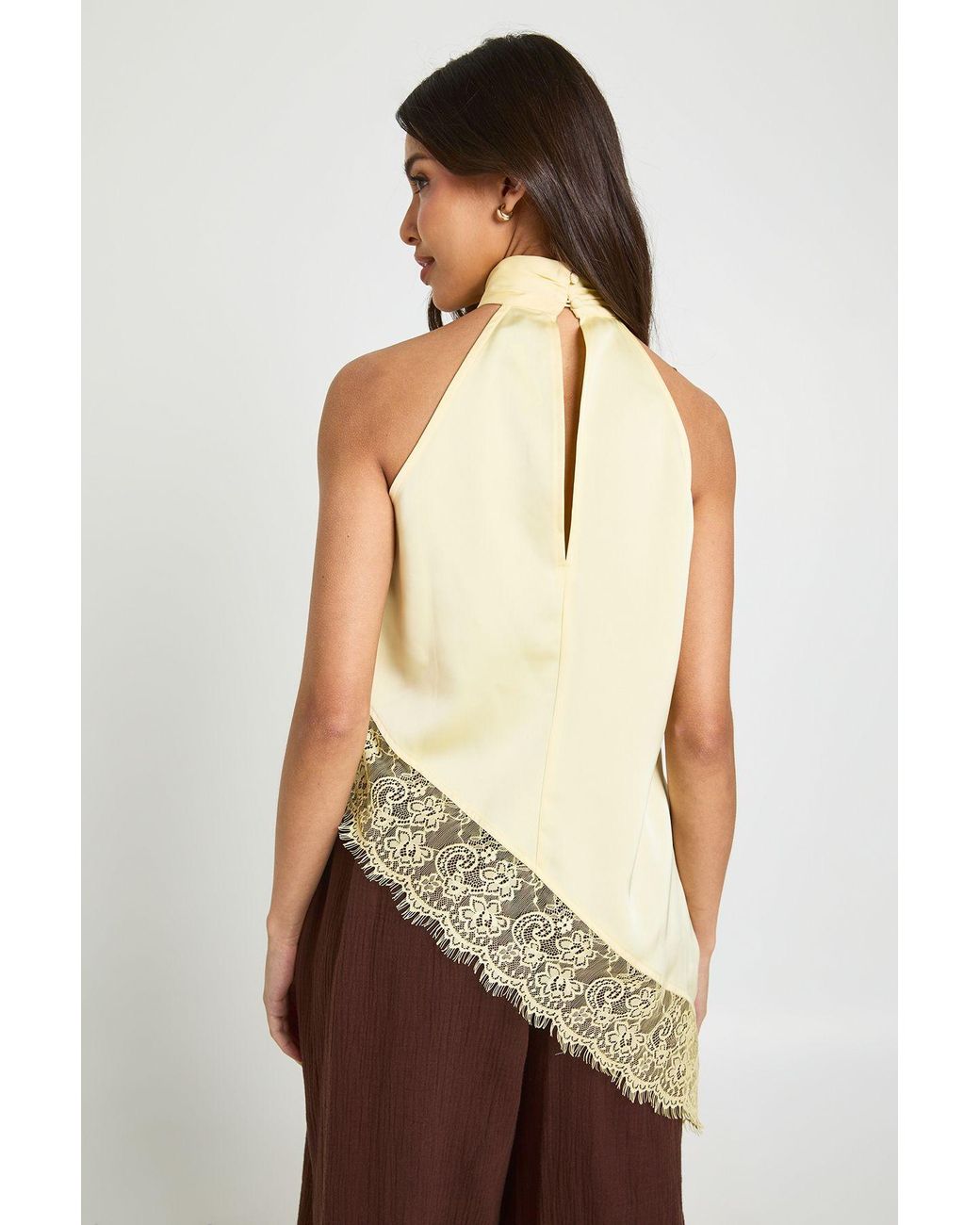 Boohoo Yellow Satin High Neck Lace Trim Top