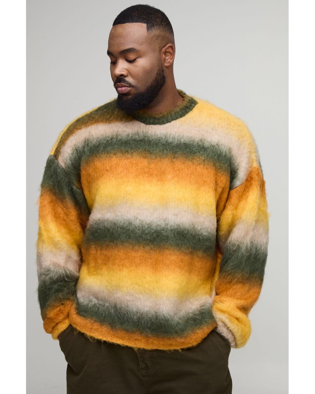 BoohooMAN Yellow Plus Boxy Oversized Brushed Stripe Knitted Jumper for men