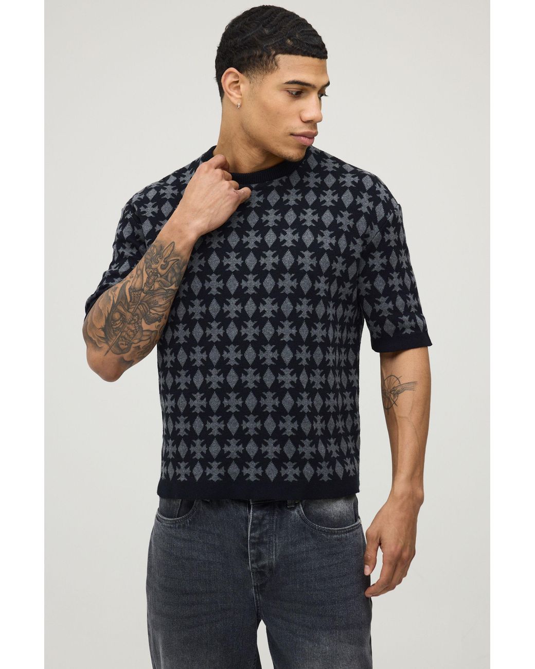 BoohooMAN Blue Boxy Fit Jacquard Patch Knitted T-Shirt for men