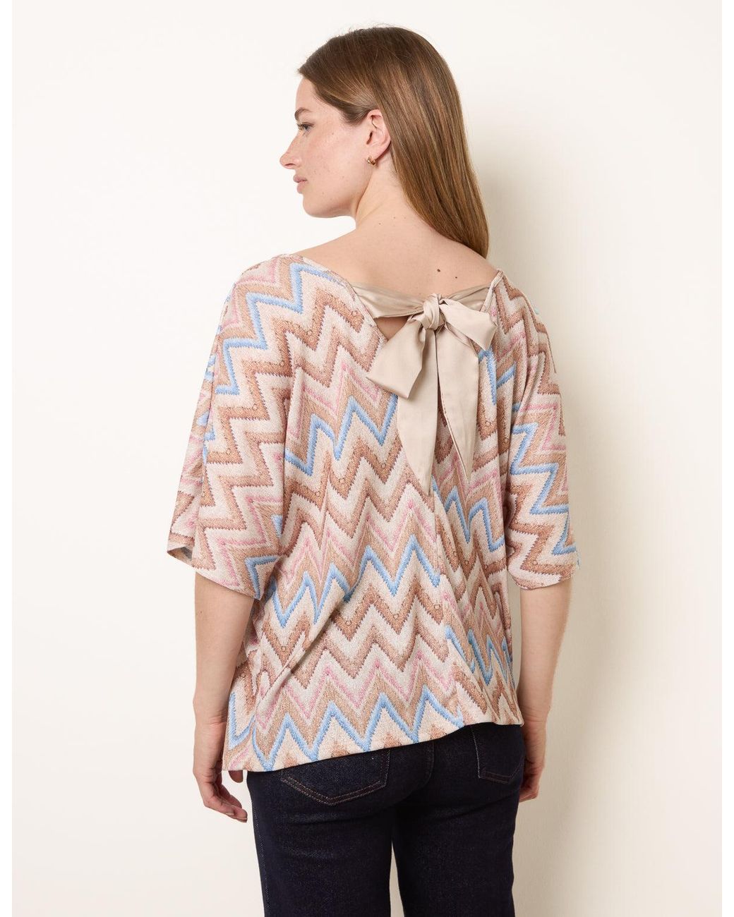 Blue Vanilla Pink Zig Zag Metallic Bow Back Top
