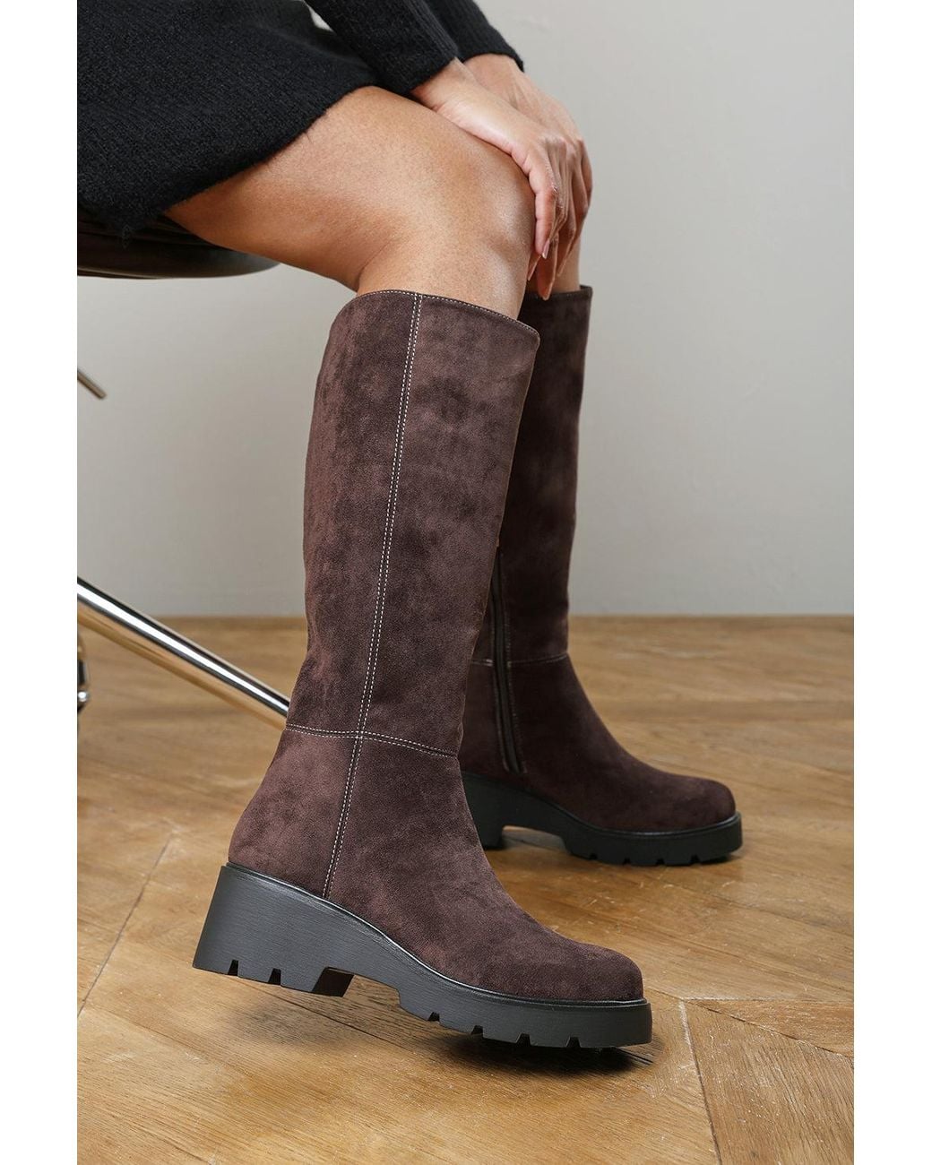 Where's That From Black Envara Wide Fit Knee High Wedge Boot With Stitch Panel Detailing