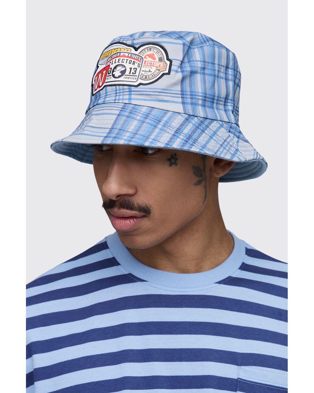 BoohooMAN Blue Applique Patch Bucket Hat for men