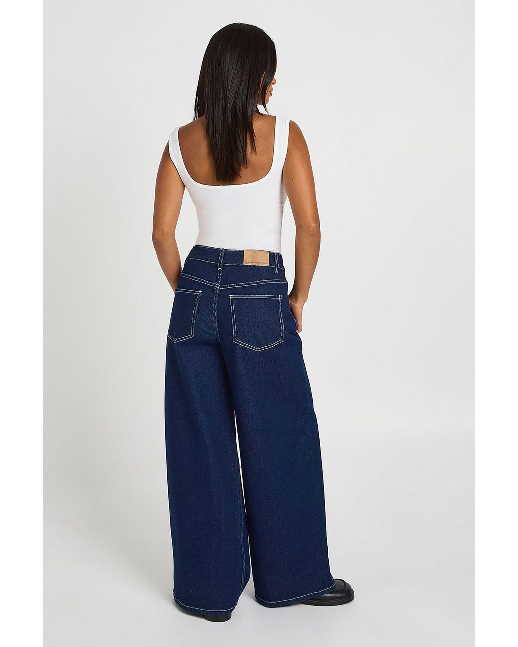 Boohoo Blue The Petite Mid Waist Wide Leg Jean