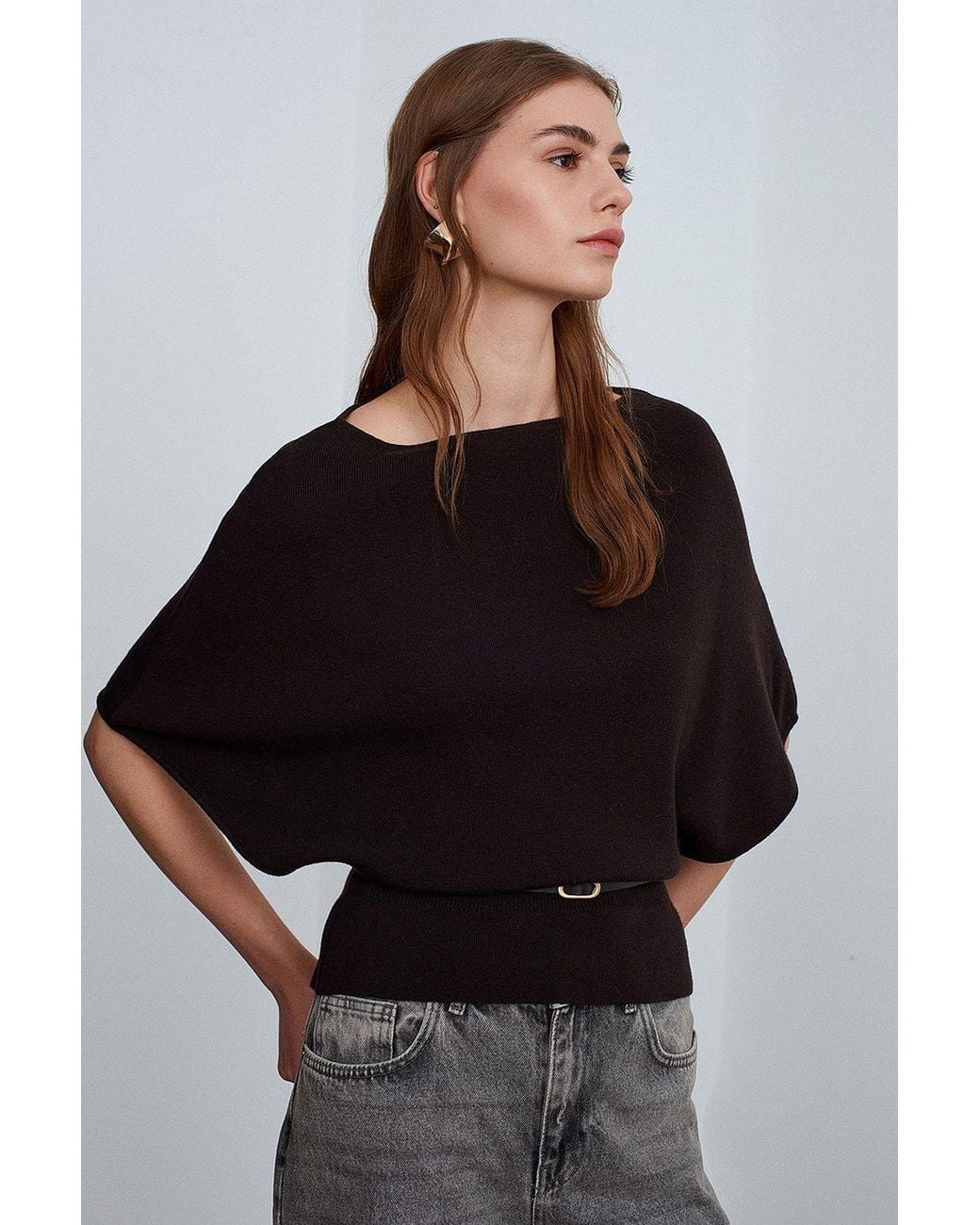 Dilvin Blue Belted Boat Neck Knit Sweater