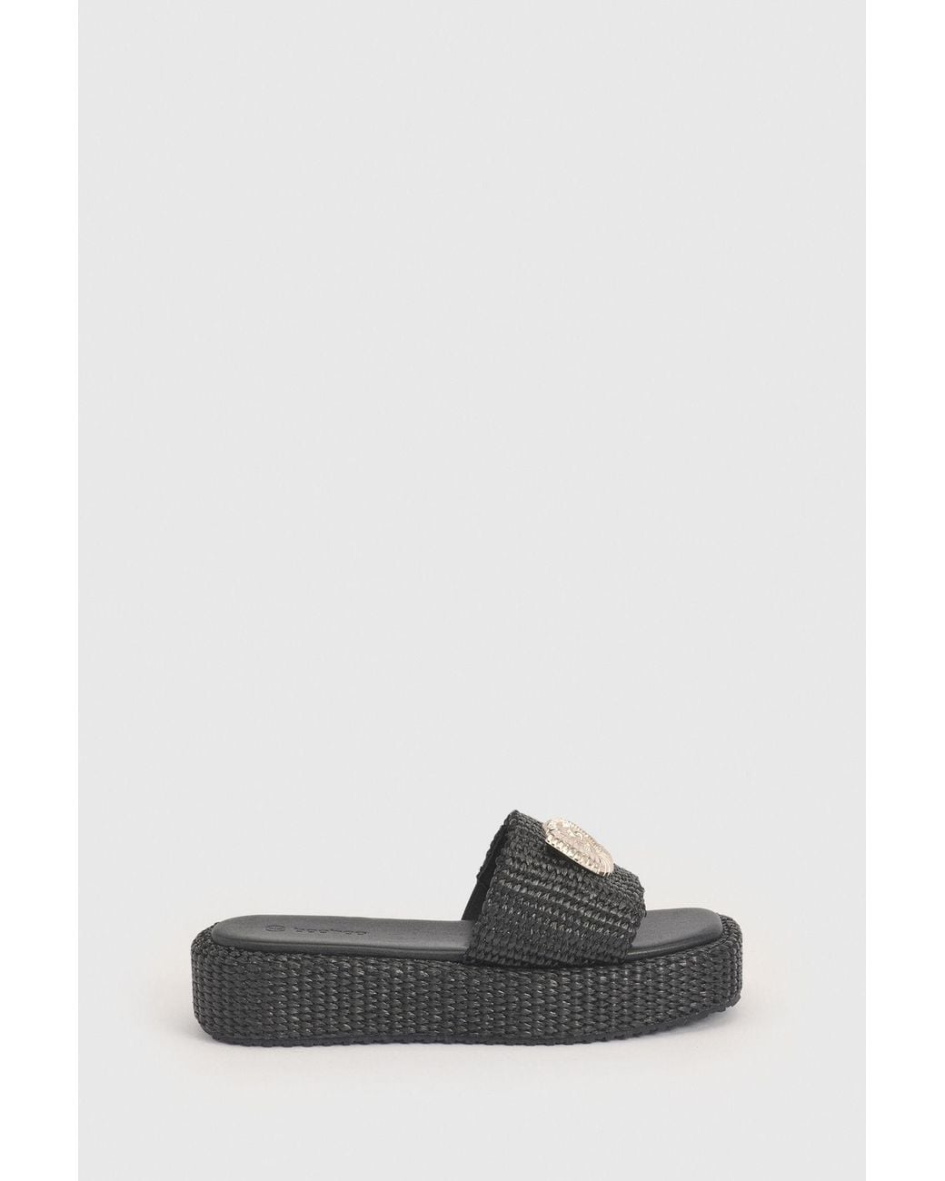 Boohoo Black Shell Trim Detail Raffia Flatform Sandals