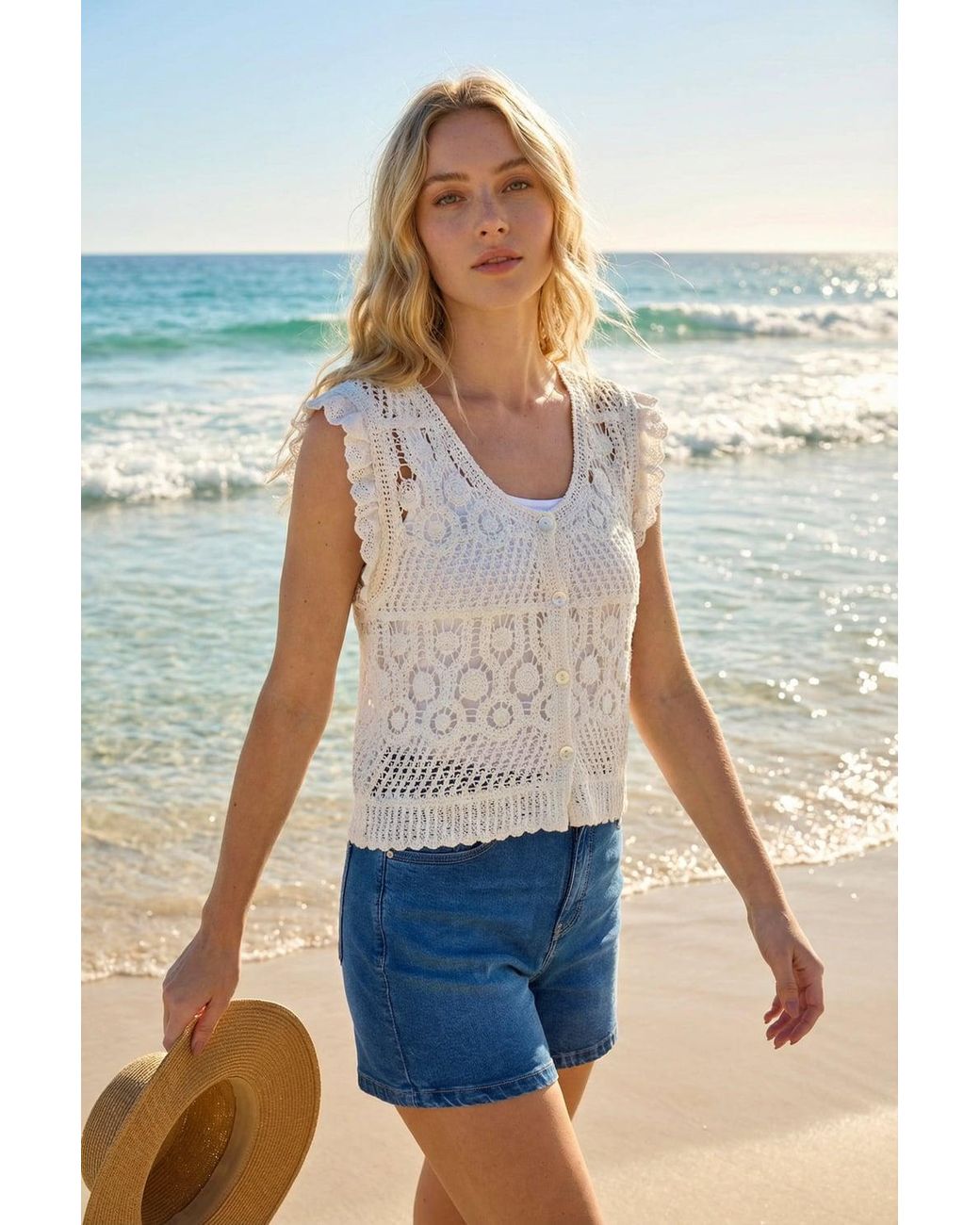 Roman Natural Crochet Buttoned Waistcoat