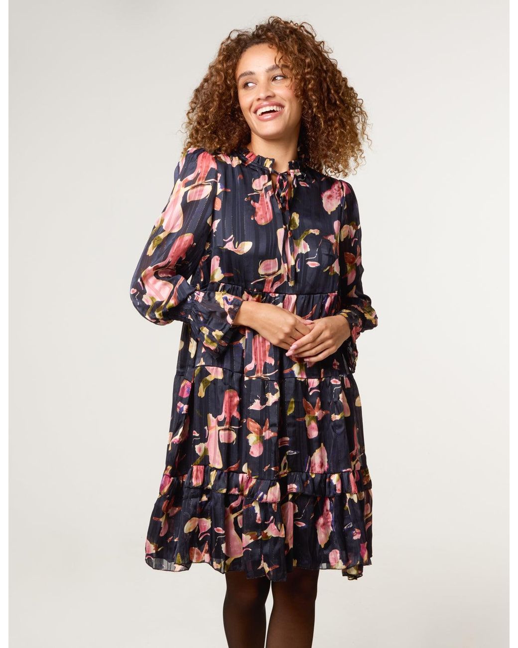 Blue Vanilla Black Tie Neck Floral Chiffon Smock Dress