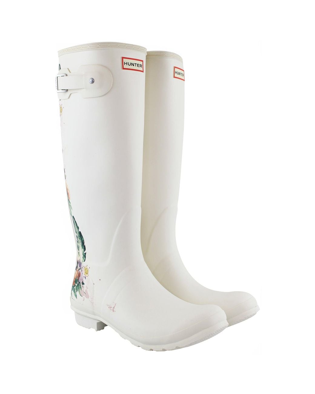 Hunter White Tall Botanical Back Wellington Boots Rubber
