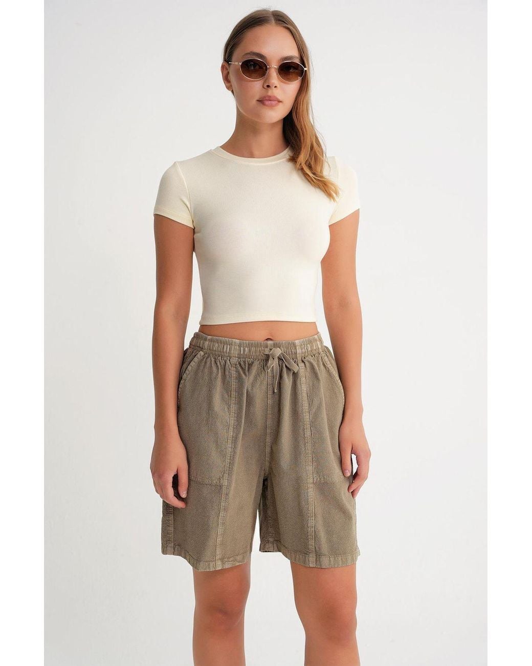 MixRay Natural High Waist Cotton Drawstring Mini Shorts