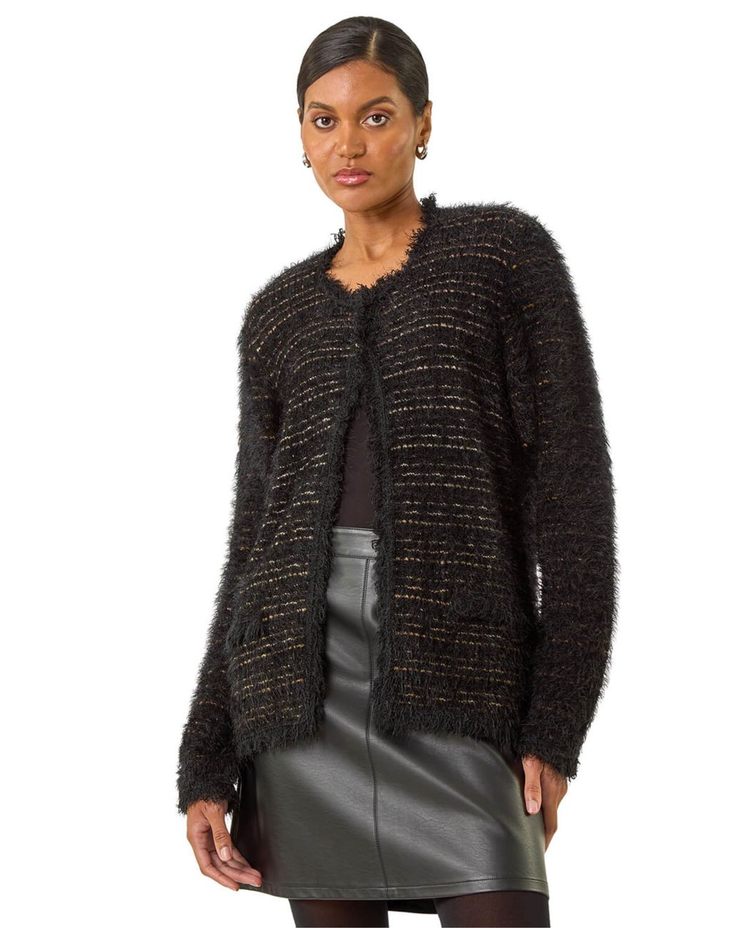 Roman Black Fluffy Textured Knit Cardigan