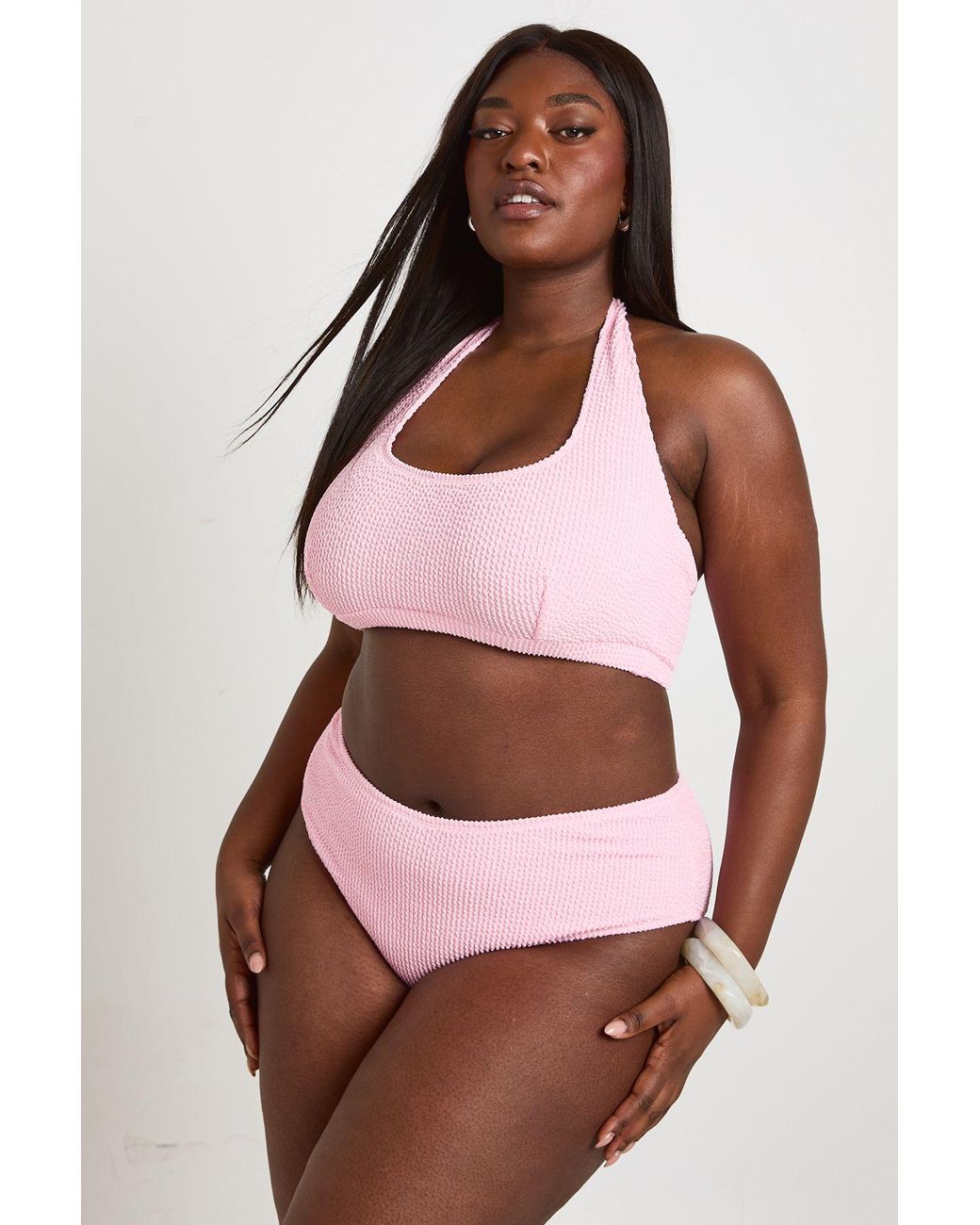 Boohoo Red Plus Crinkle Square Neck Top & High Waist Bikini