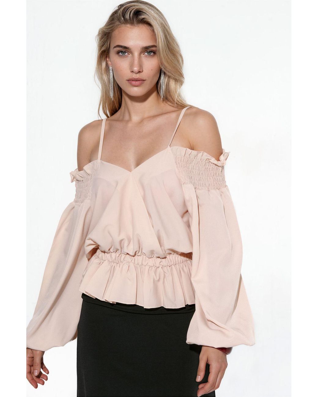 Msn-Collection Pink Crop Satin Blouse With Flounce Trim