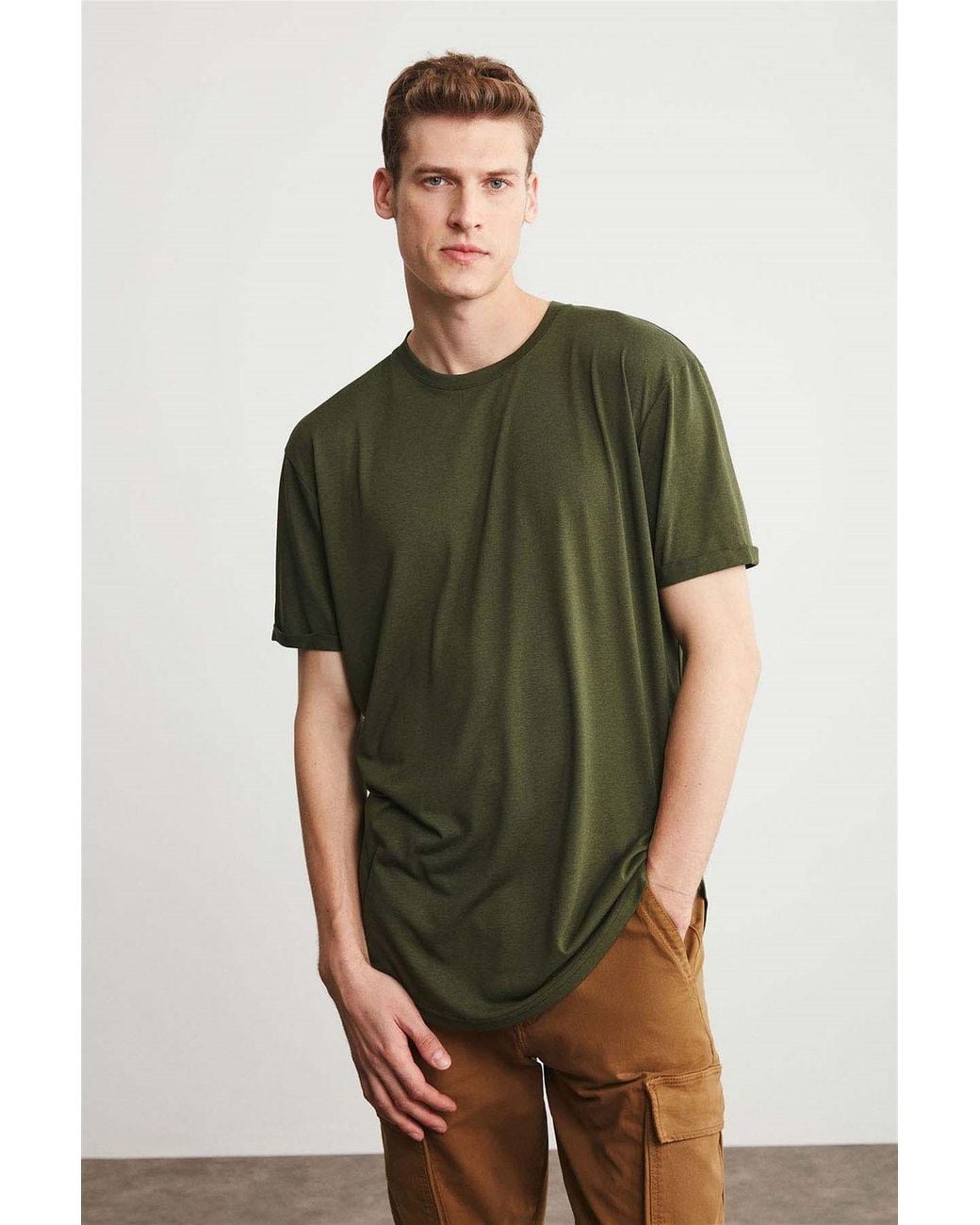 Grimelange Green Crew Neck Plain T-Shirt for men