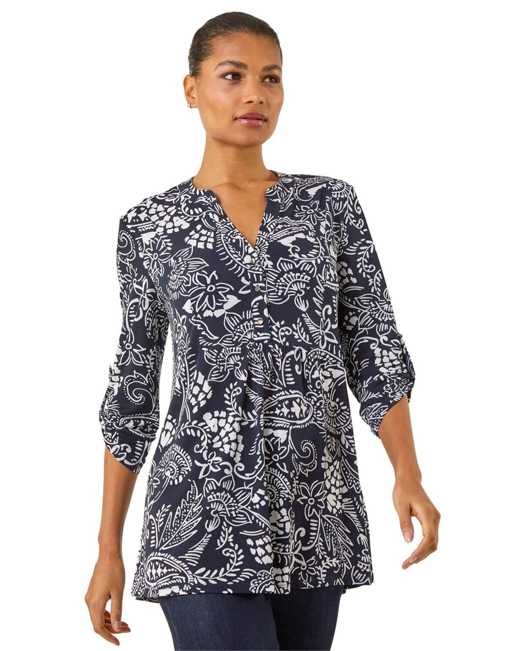 Roman Blue Abstract Print Buttoned Tunic Top