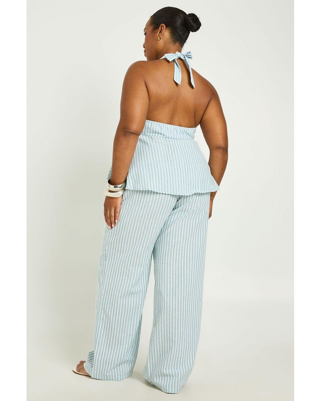 Boohoo Blue Plus Stripe Elasticated Wiast Wide Leg Trouser