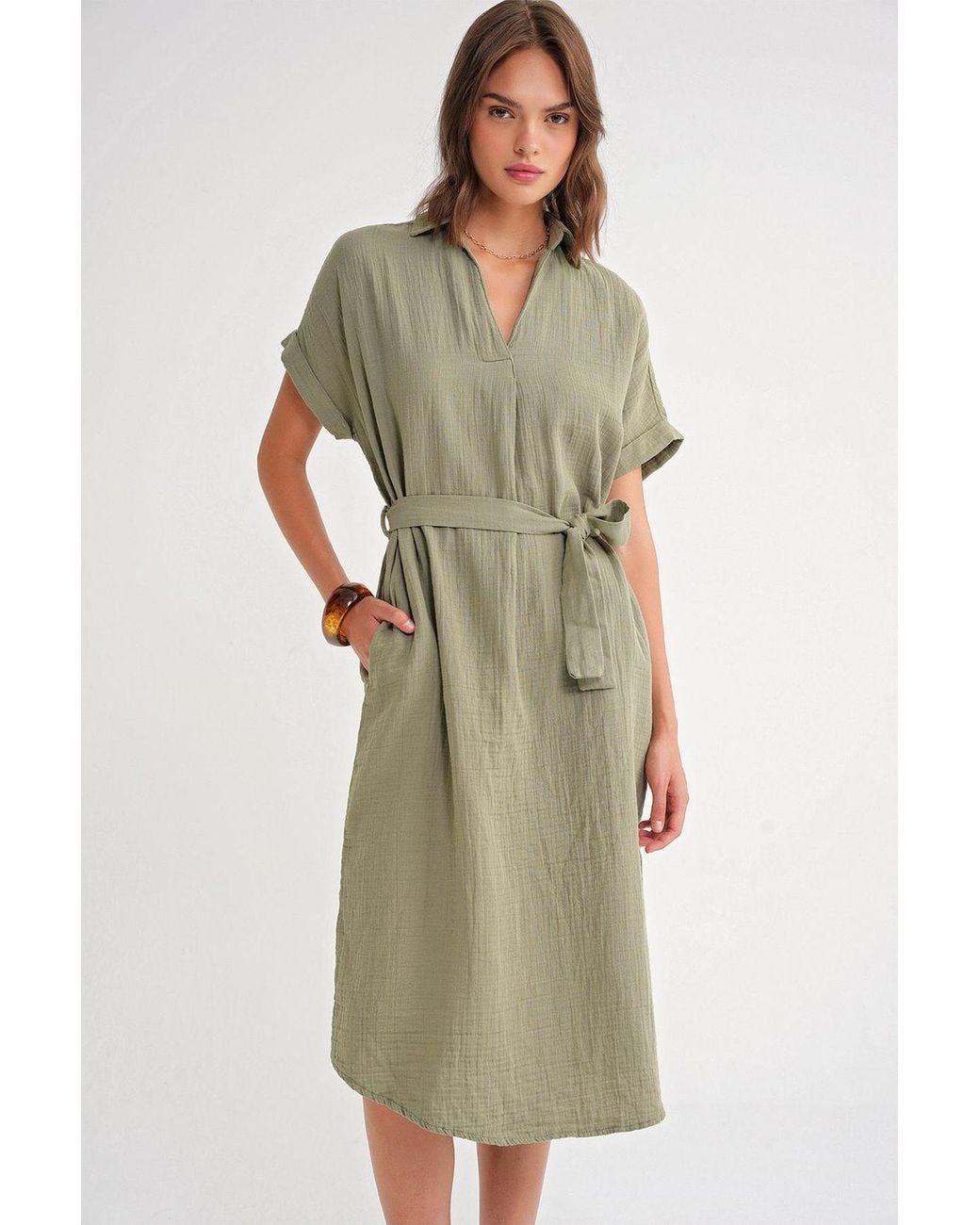MixRay Green Belted Short-Sleeve Midi Dress