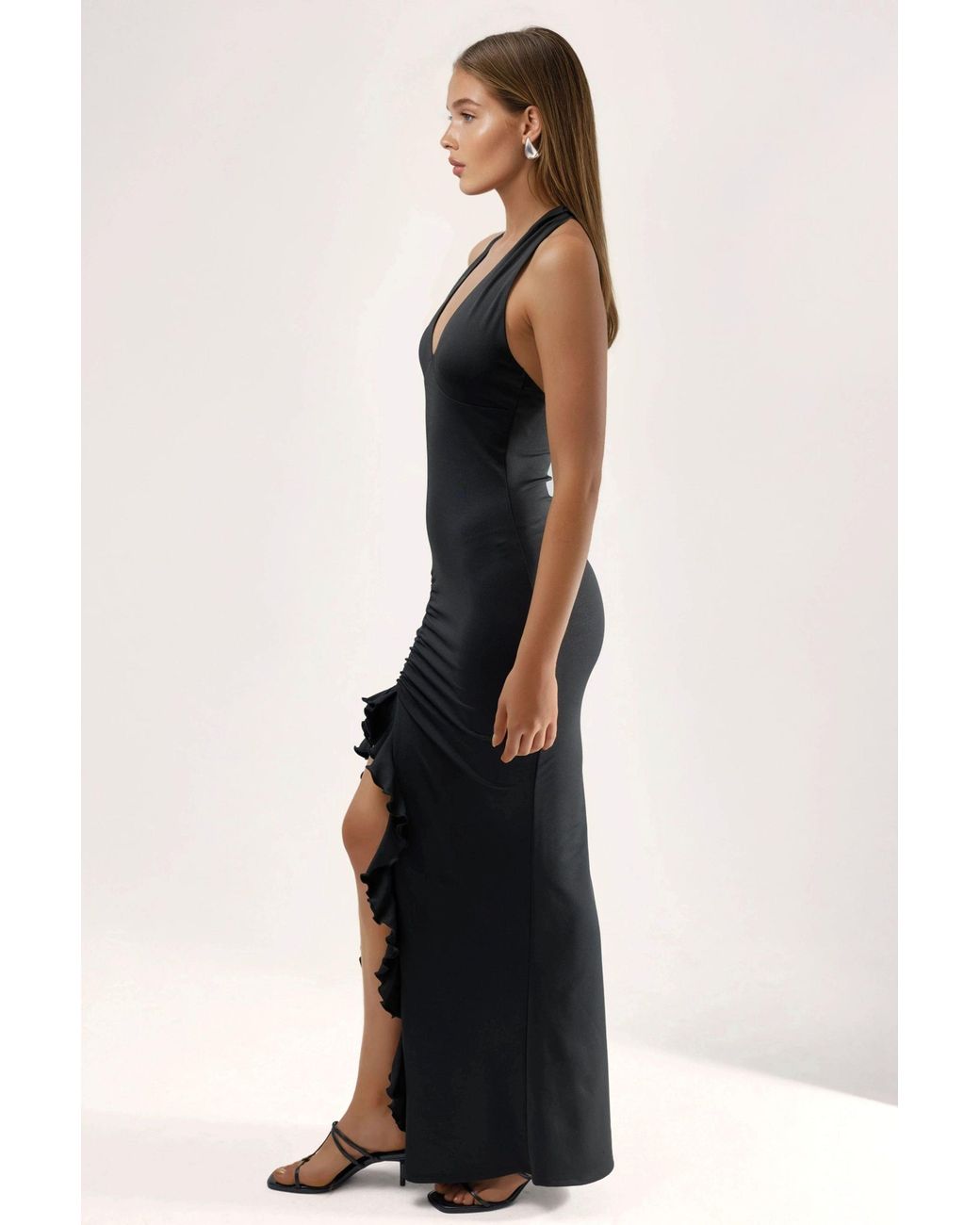 Hiccup Black Slit Detailed Halter Collar Bodycon Maxi Dress
