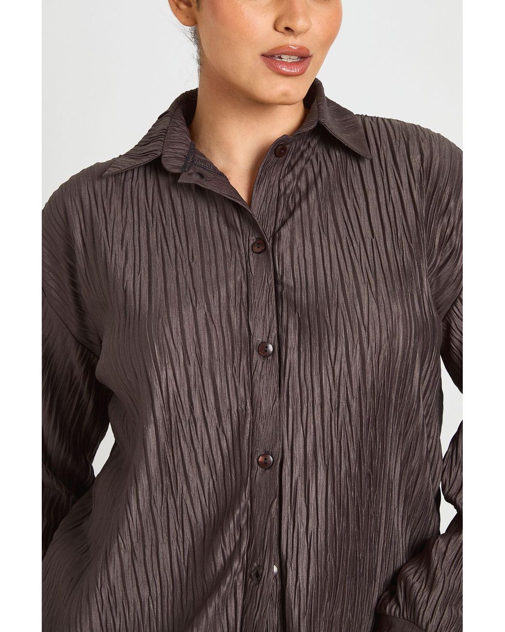 Boohoo Brown Plus Plisse Oversized Shirt