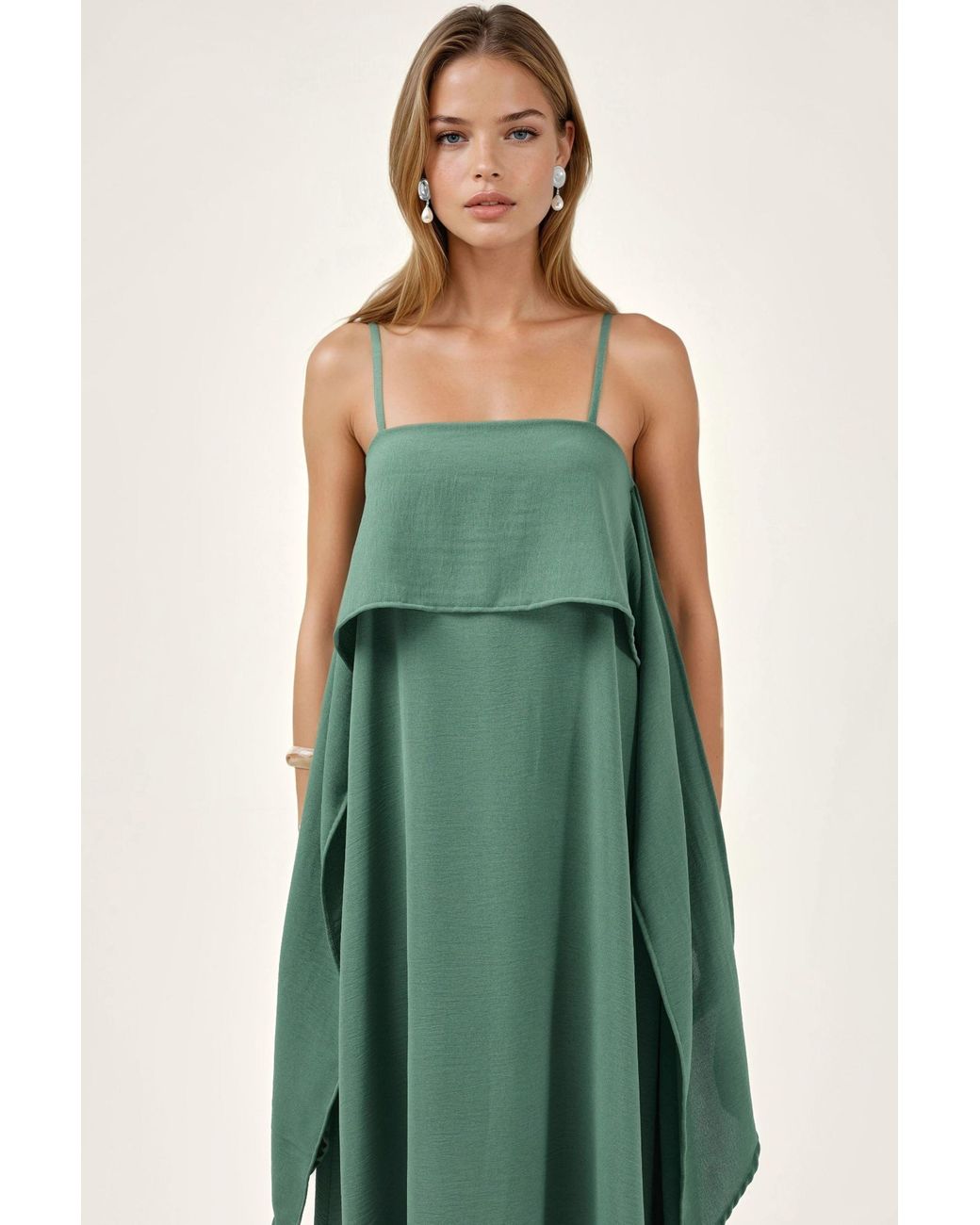 Hiccup Green Square Collar Layered Spaghetti Strap Maxi Dress