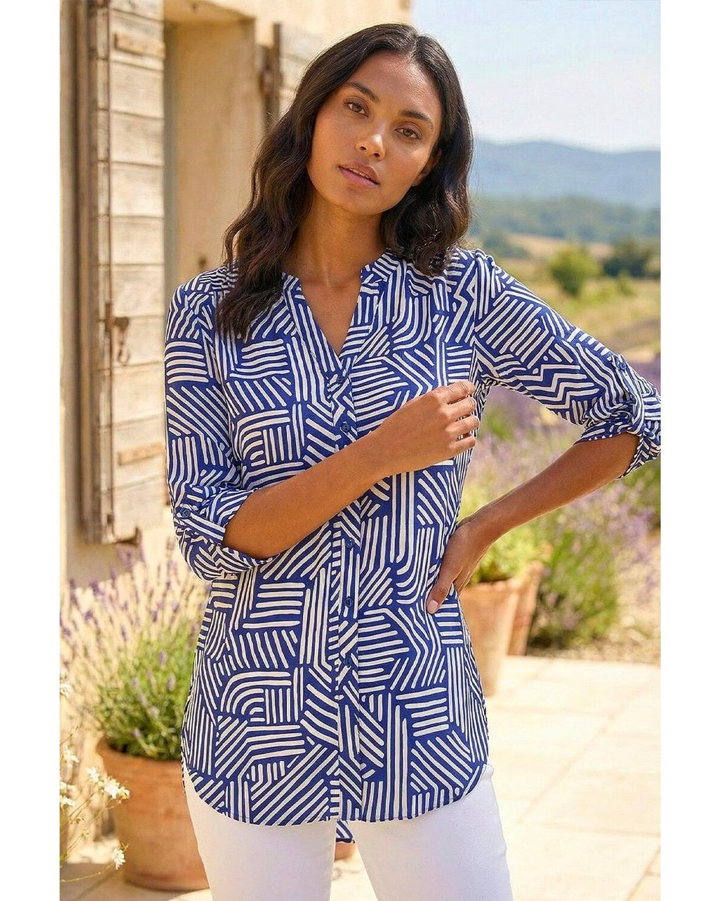 Roman Blue Geo Mono Print Buttoned Blouse