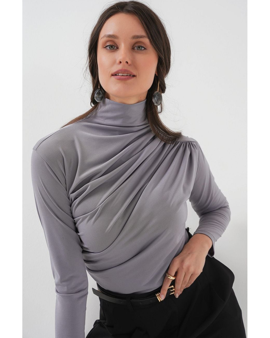 Bigdart Gray Fitted Turtleneck Blouse With Drape Detail