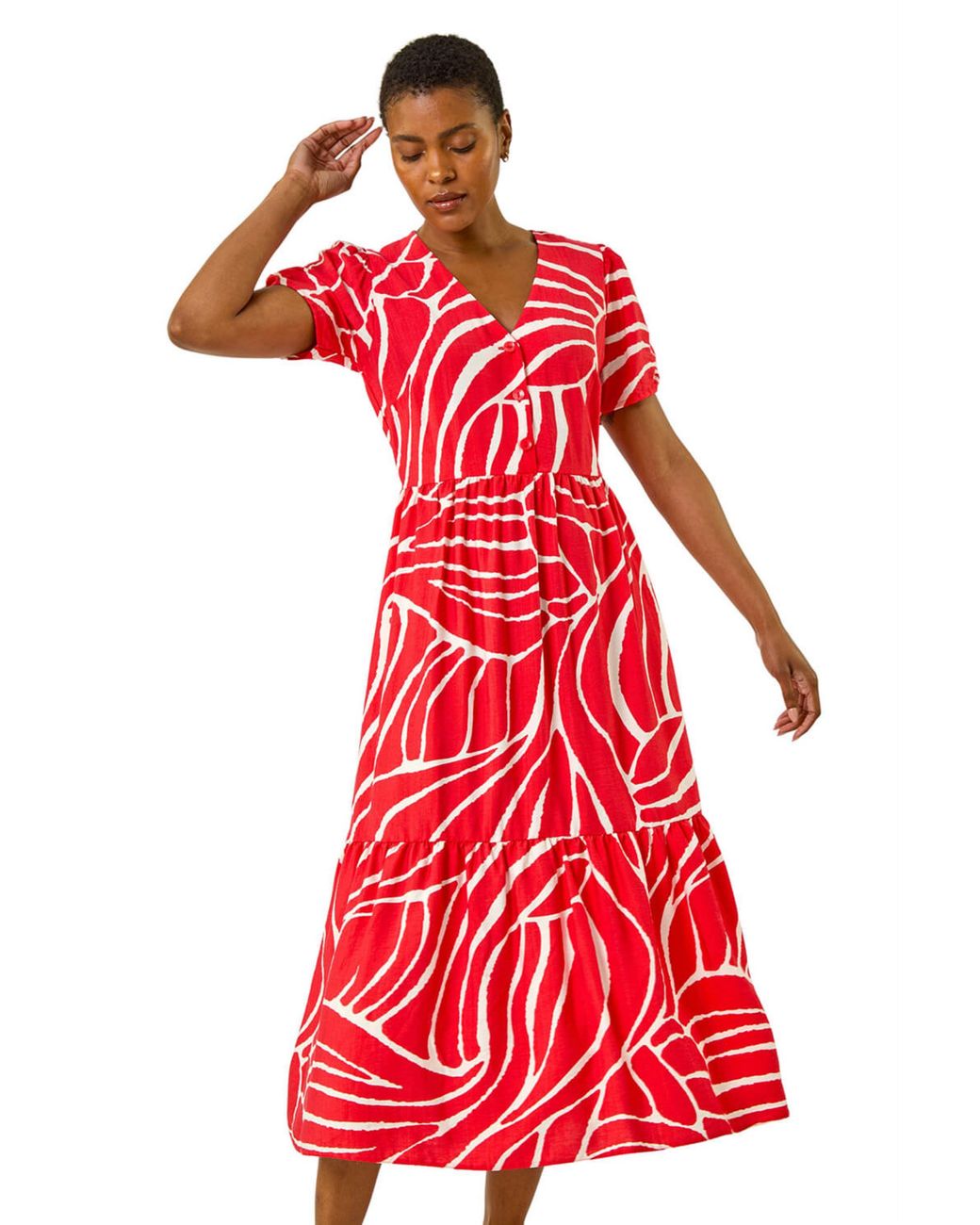 Roman Red Linear Print Midi Shirt Dress