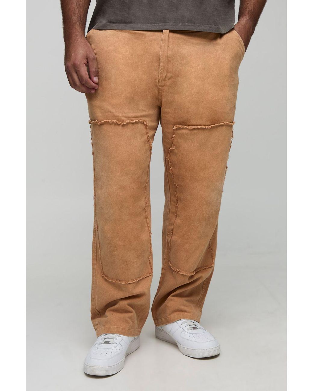 BoohooMAN Brown Plus Bleach Wash Relaxed Fit Carpenter Pants for men