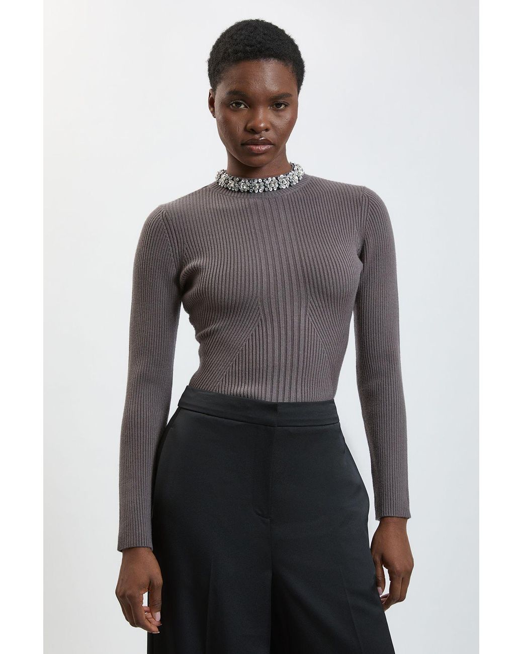 Karen Millen Gray Crystal Neck Trim Viscose Ribbed Jumper With Peplum Detail