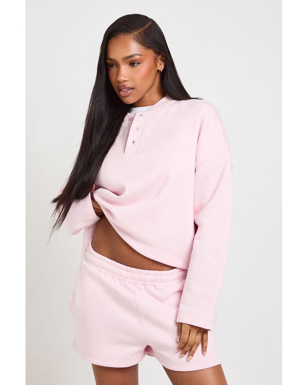 Boohoo Pink Henley Neck Sweatshirt Short Tracksuit