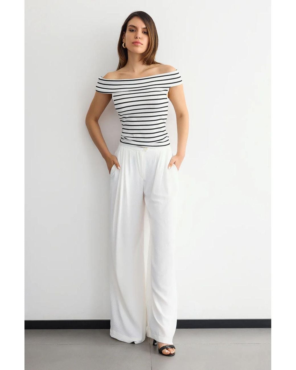 Hiccup White Striped Off-Shoulder Top