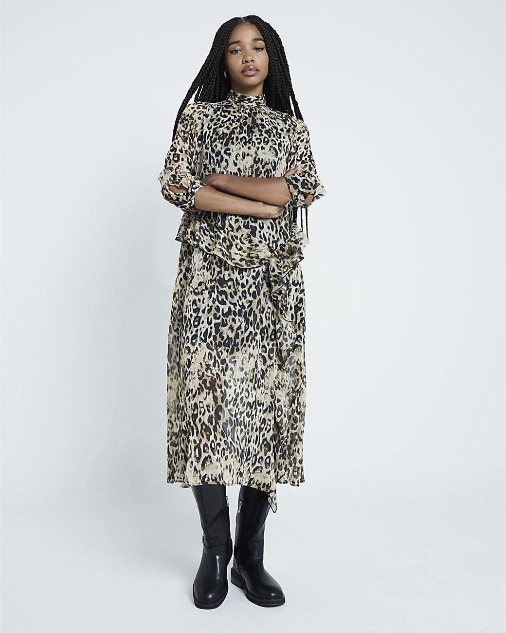 River Island Midi Dress Leopard Print Frill in White | Lyst UK