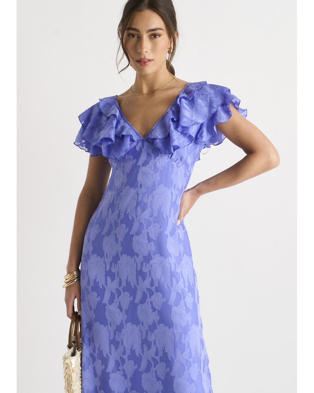 Gini London Blue Satin Jacquard Ruffle Maxi Dress