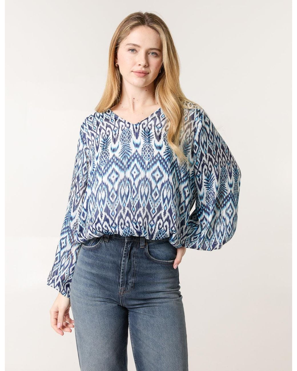 Blue Vanilla Blue Abstract Printed V Neck Puffball Top