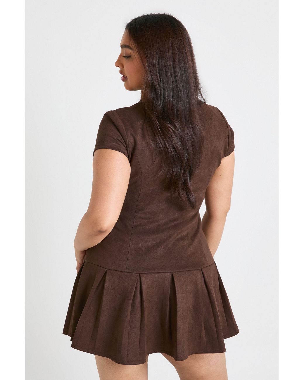 Boohoo Brown Plus Faux Suede Short Sleeve Pleated Mini Dress