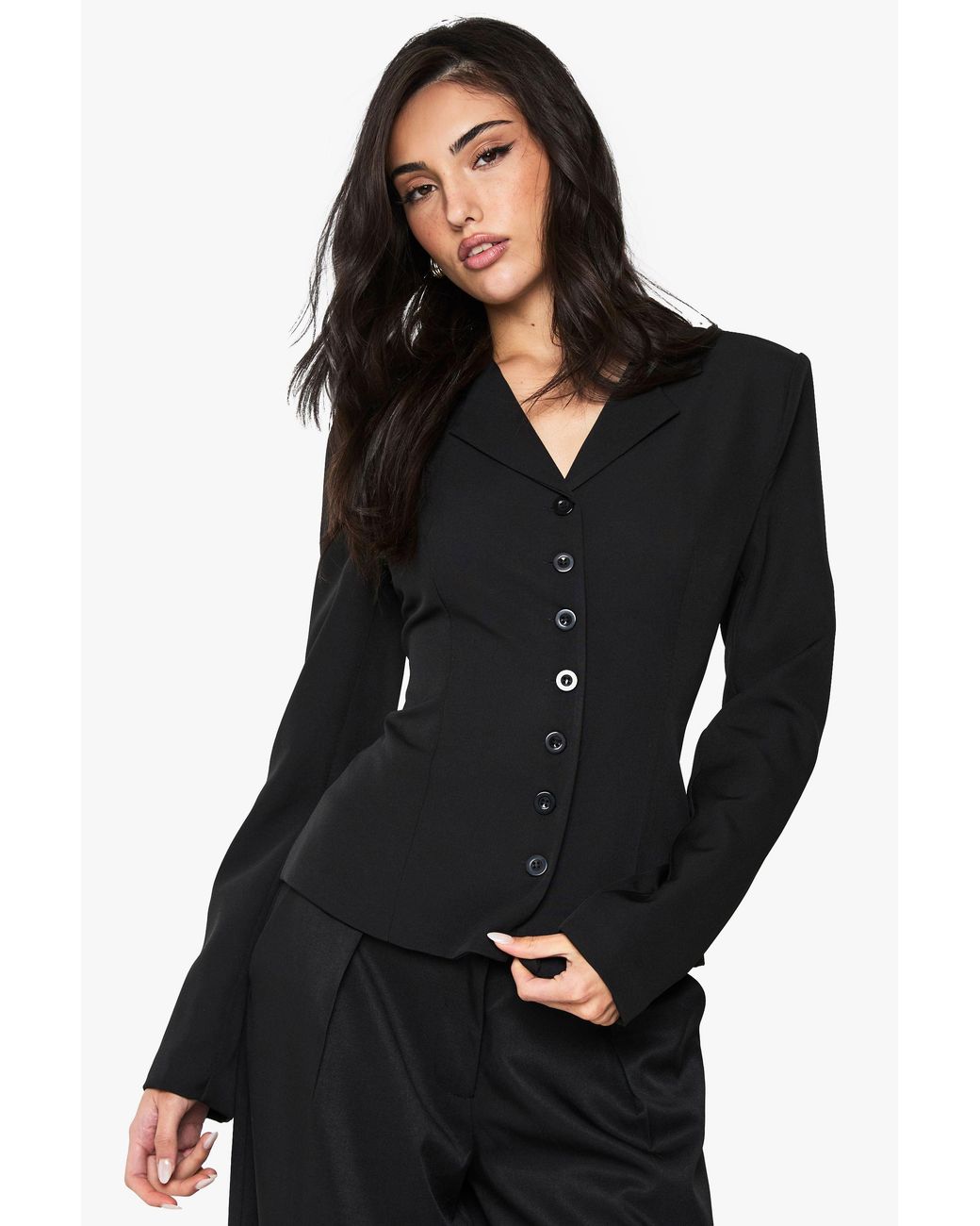 Boohoo Black Button Detail Fitted Cinched Blazer