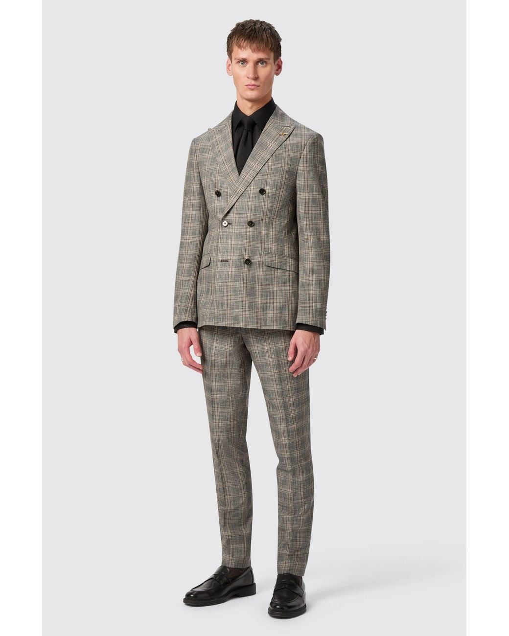 Shelby and Sons Gray Plunkett Slim Fit Check Trousers for men